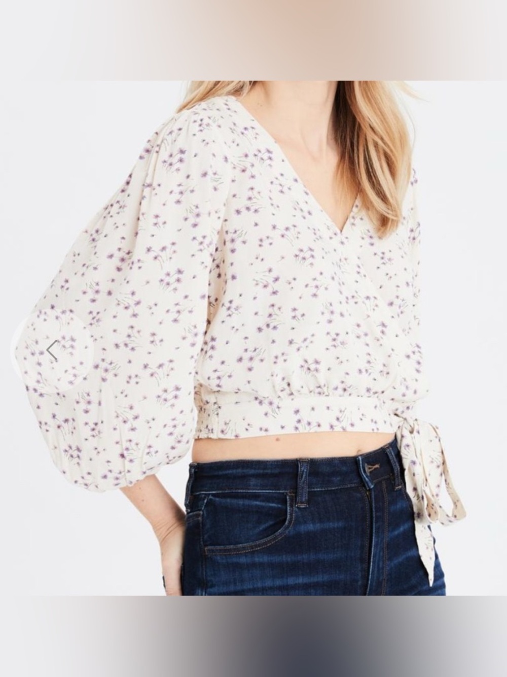 American Eagle Outfitters Cream Tie-Front Crop Top with Purple Floral